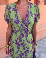 Wrap Midi Dress Women - Puff Sleeves with Floral Print