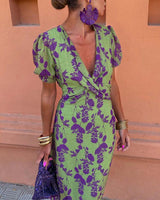 Wrap Midi Dress Women - Puff Sleeves with Floral Print