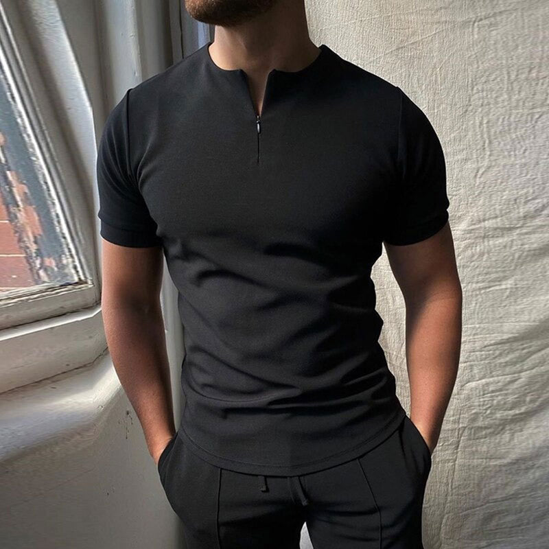 Men's Short Sleeve Zip-Up Polo Shirt Casual Fit