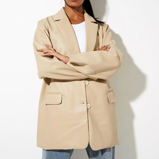 Women's Faux Leather Jacket with Adjustable Cuffs