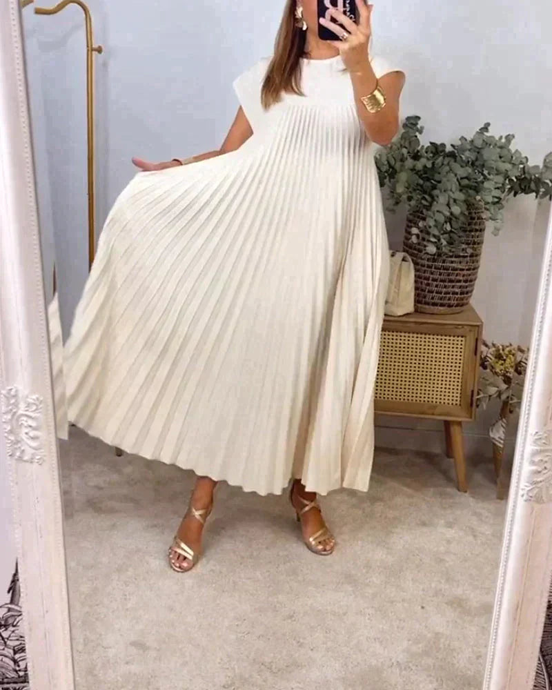 Short Sleeve Pleated Midi Dress Women