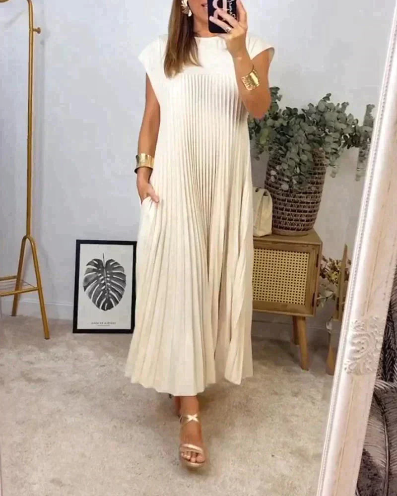 Short Sleeve Pleated Midi Dress Women