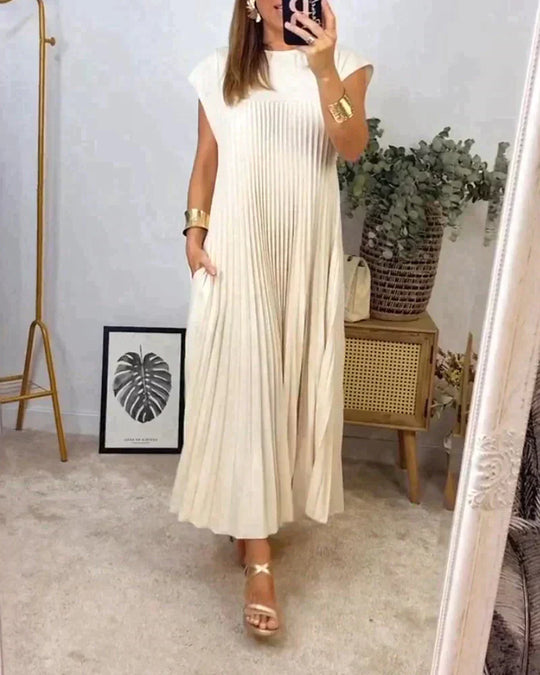 Short Sleeve Pleated Midi Dress Women