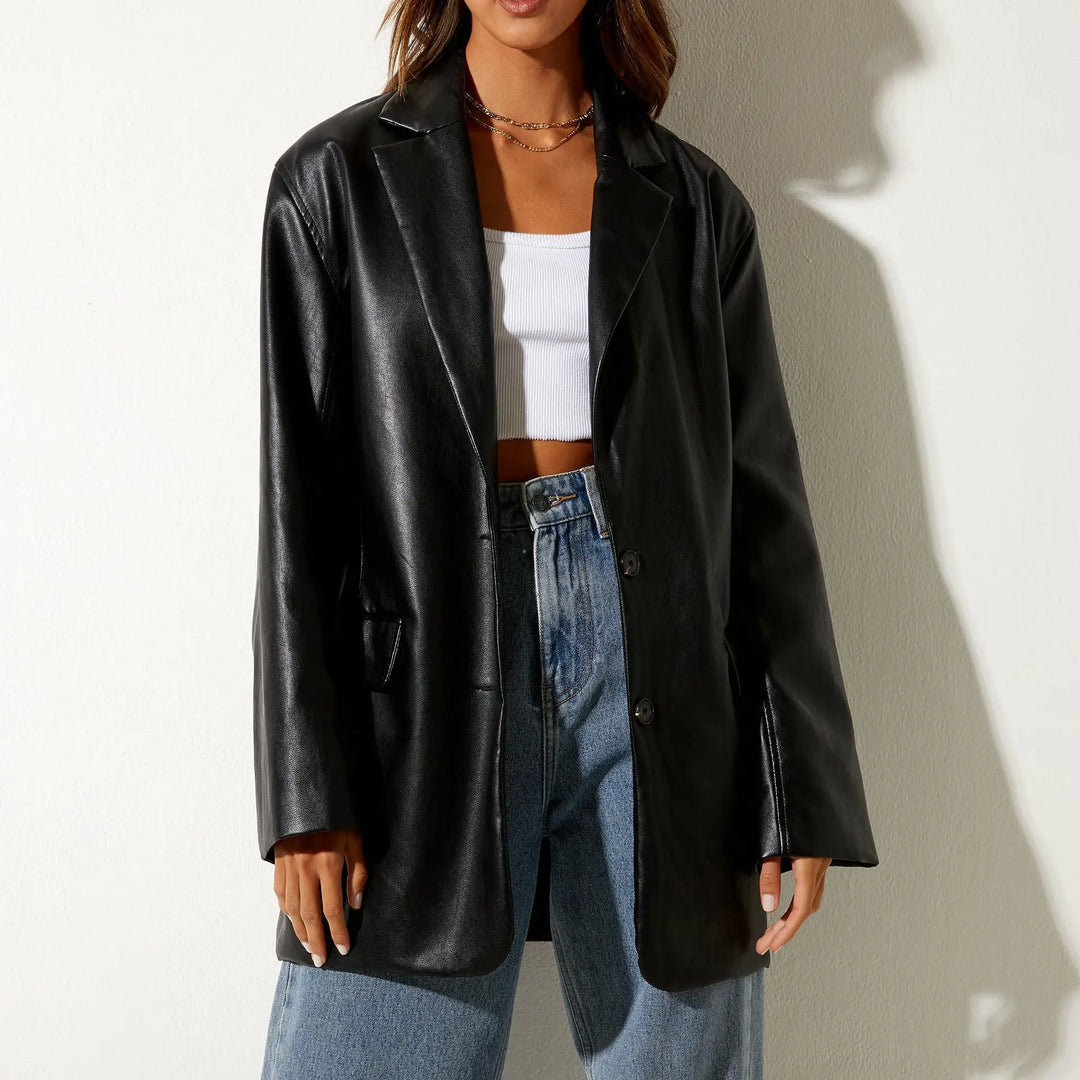 Women's Faux Leather Jacket with Adjustable Cuffs