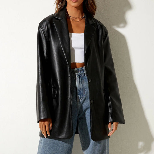Women's Faux Leather Jacket with Adjustable Cuffs