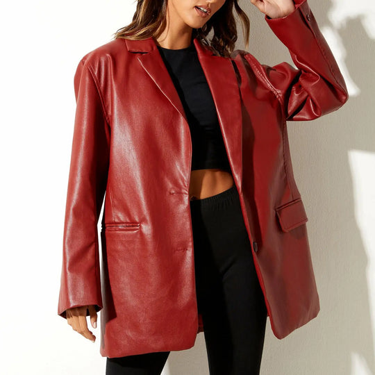 Women's Faux Leather Jacket with Adjustable Cuffs