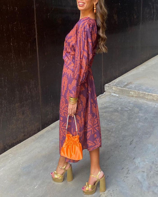 Printed Twist-Front Midi Dress – V-Neck & Subtle Surface