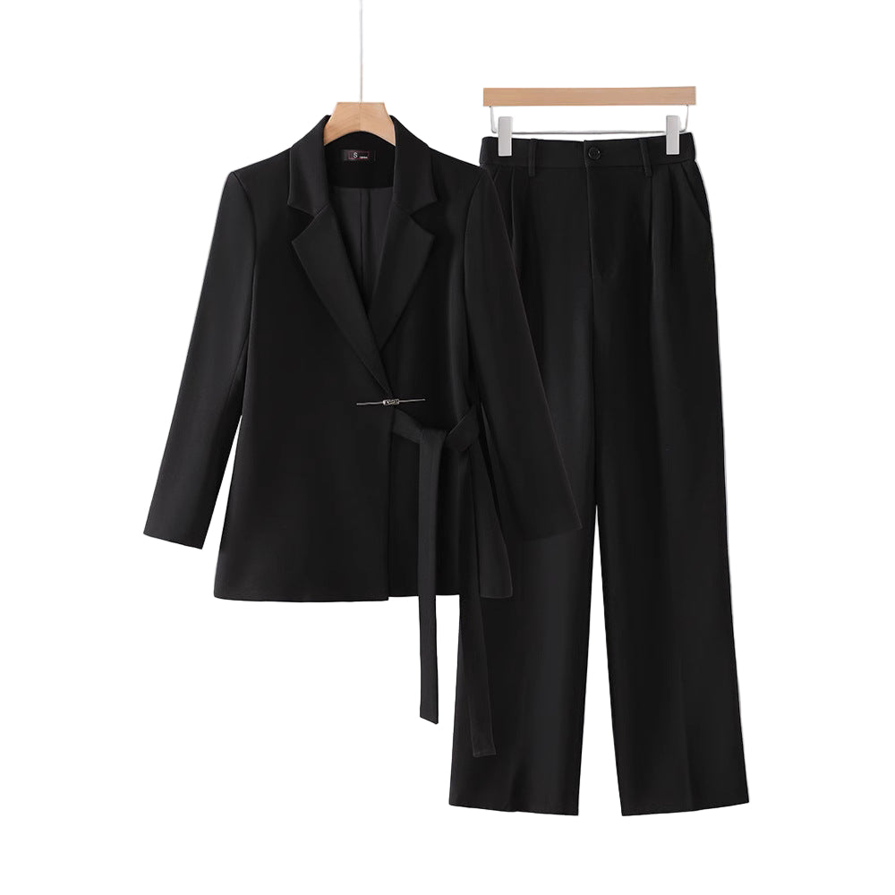 Belted Blazer Two-Piece Suit Set for Women