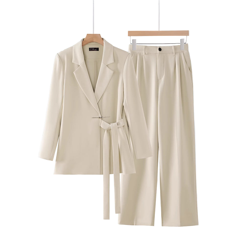 Belted Blazer Two-Piece Suit Set for Women