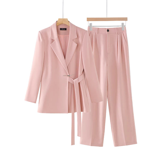 Belted Blazer Two-Piece Suit Set for Women