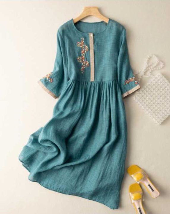Boho Midi Dress Women – Embroidered Accents