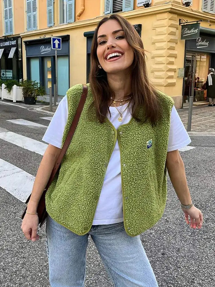 Button-Up Fleece Vest for Women