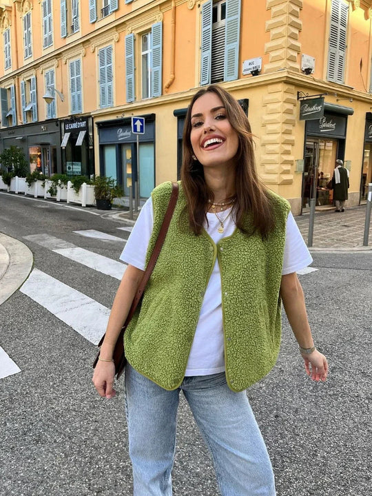 Button-Up Fleece Vest for Women