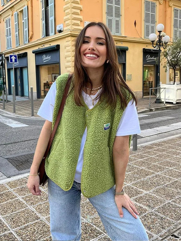 Button-Up Fleece Vest for Women