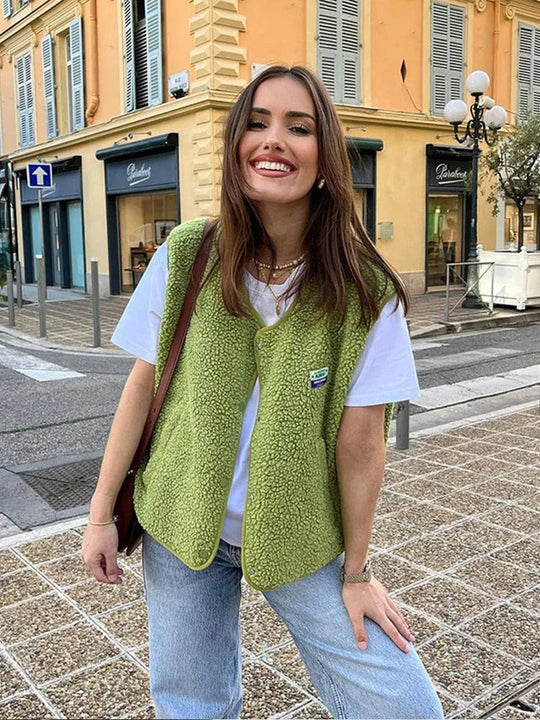 Button-Up Fleece Vest for Women
