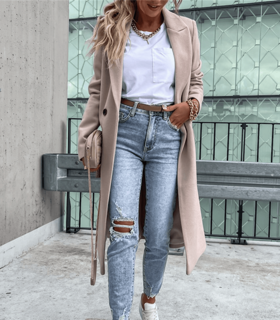 Long Coat with Buttons and Pockets for Women