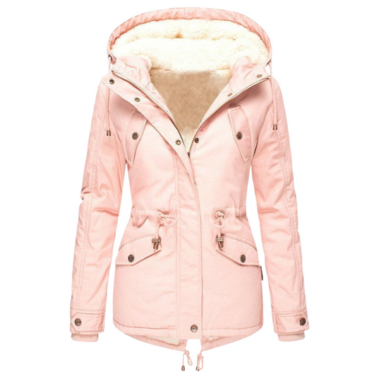 Drawstring Waist Winter Coat with Detachable Hood for Women