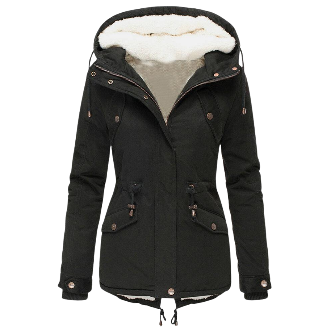 Drawstring Waist Winter Coat with Detachable Hood for Women