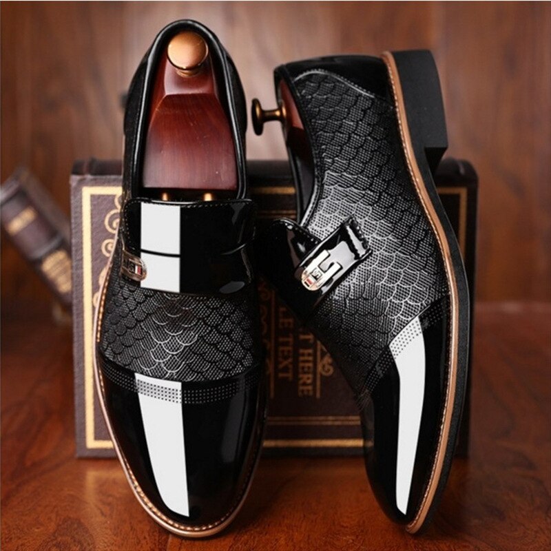 Formal Slip-On Shoes Men – Glossy Finish & Patterned Upper