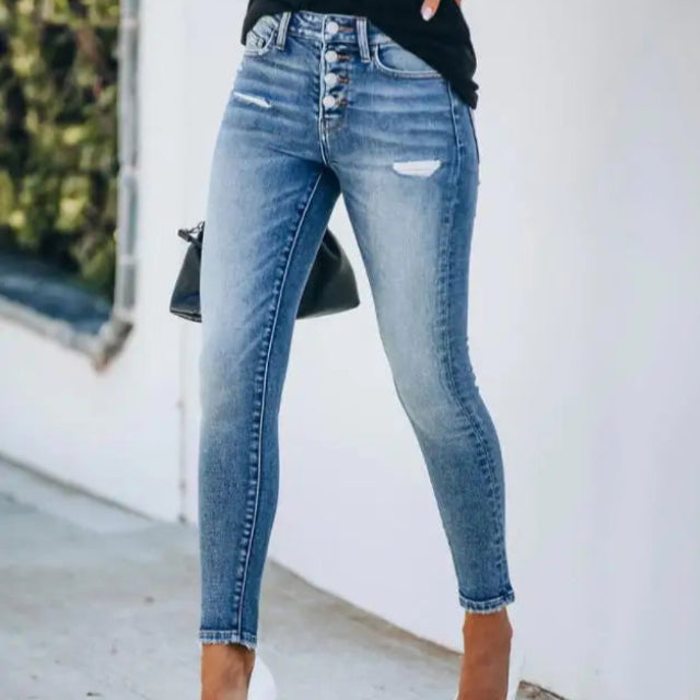High-Waist Skinny Jeans with Button Fly for Women