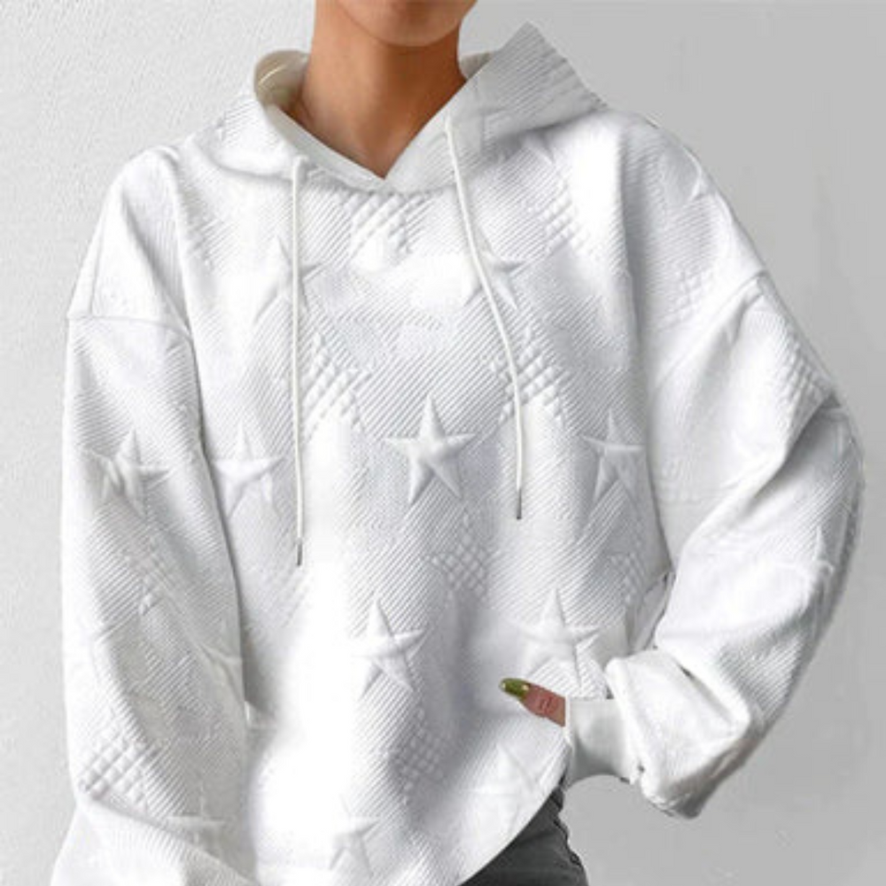 Hooded Pullover Sweater Women - Knit Look with Embossed Star Pattern