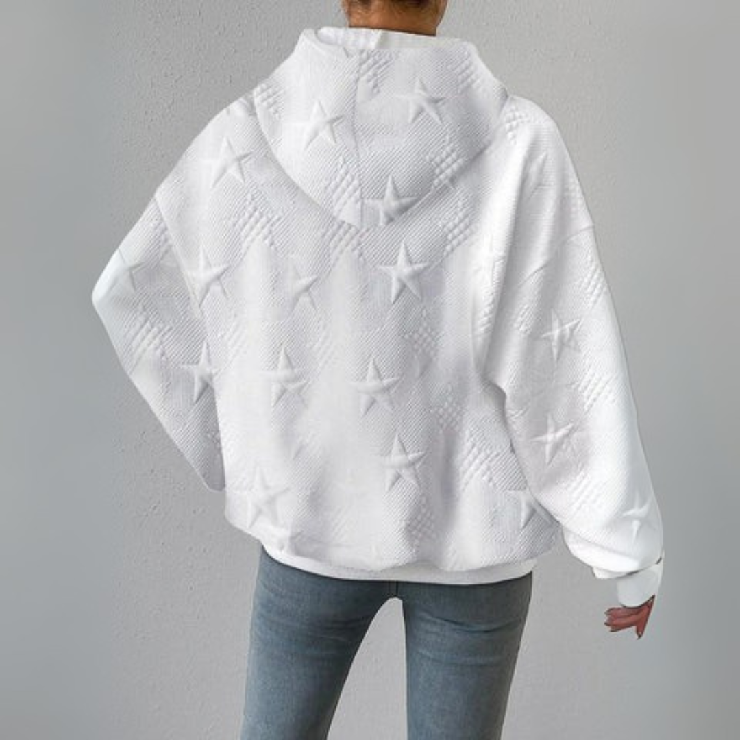 Hooded Pullover Sweater Women - Knit Look with Embossed Star Pattern