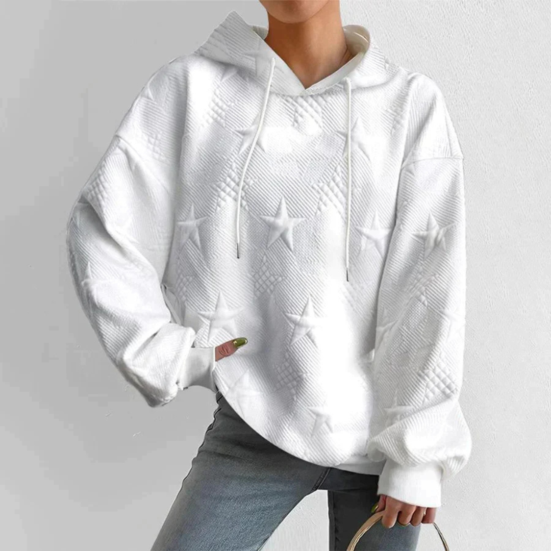 Hooded Pullover Sweater Women - Knit Look with Embossed Star Pattern