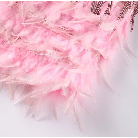 Fringe Mini Dress Women – Feather Trim & V‑Neck