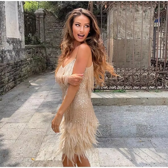 Fringe Mini Dress Women – Feather Trim & V‑Neck