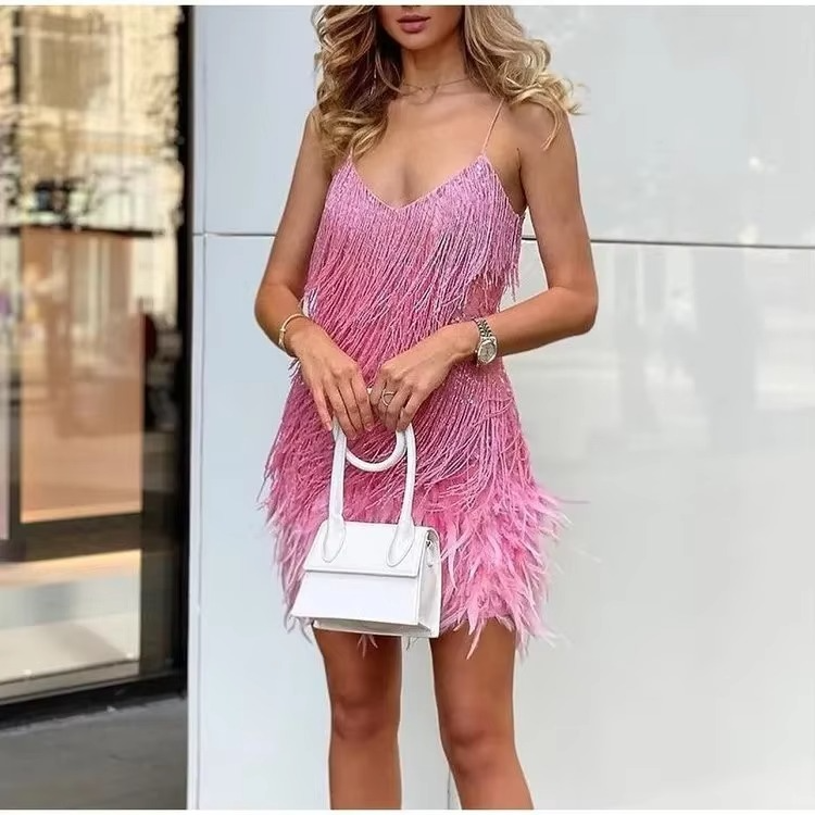 Fringe Mini Dress Women – Feather Trim & V‑Neck