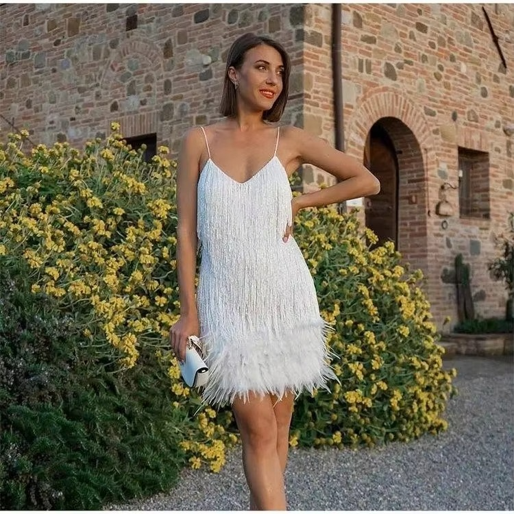 Fringe Mini Dress Women – Feather Trim & V‑Neck
