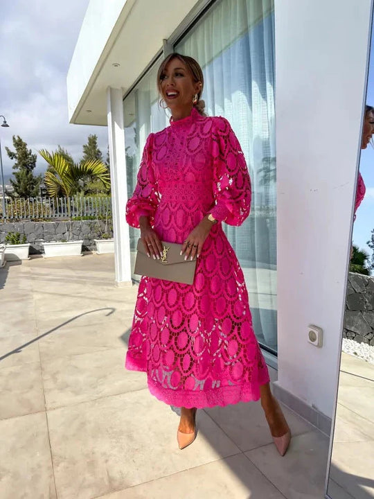 Lace Midi Dress Women – Geometric Lace Overlay & Puff Sleeves