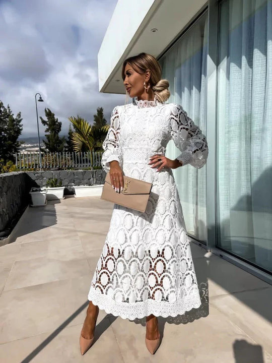 Lace Midi Dress Women – Geometric Lace Overlay & Puff Sleeves