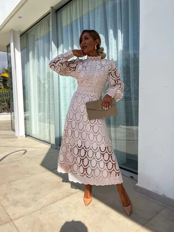 Lace Midi Dress Women – Geometric Lace Overlay & Puff Sleeves