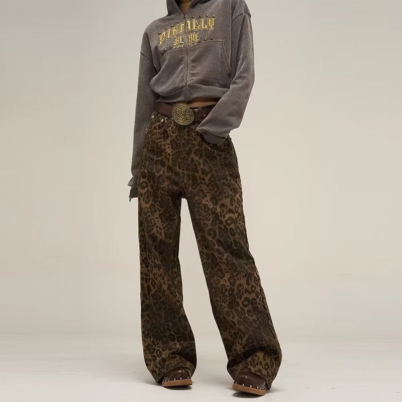Leopard Print Wide-Leg Jeans Women - High Waist with Button Closure