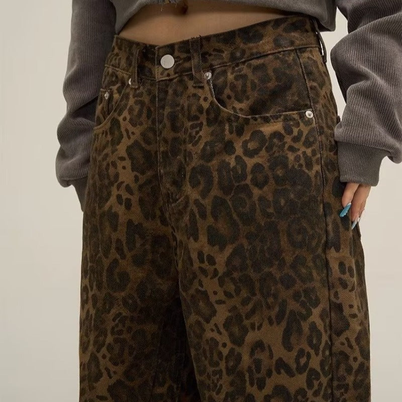 Leopard Print Wide-Leg Jeans Women - High Waist with Button Closure