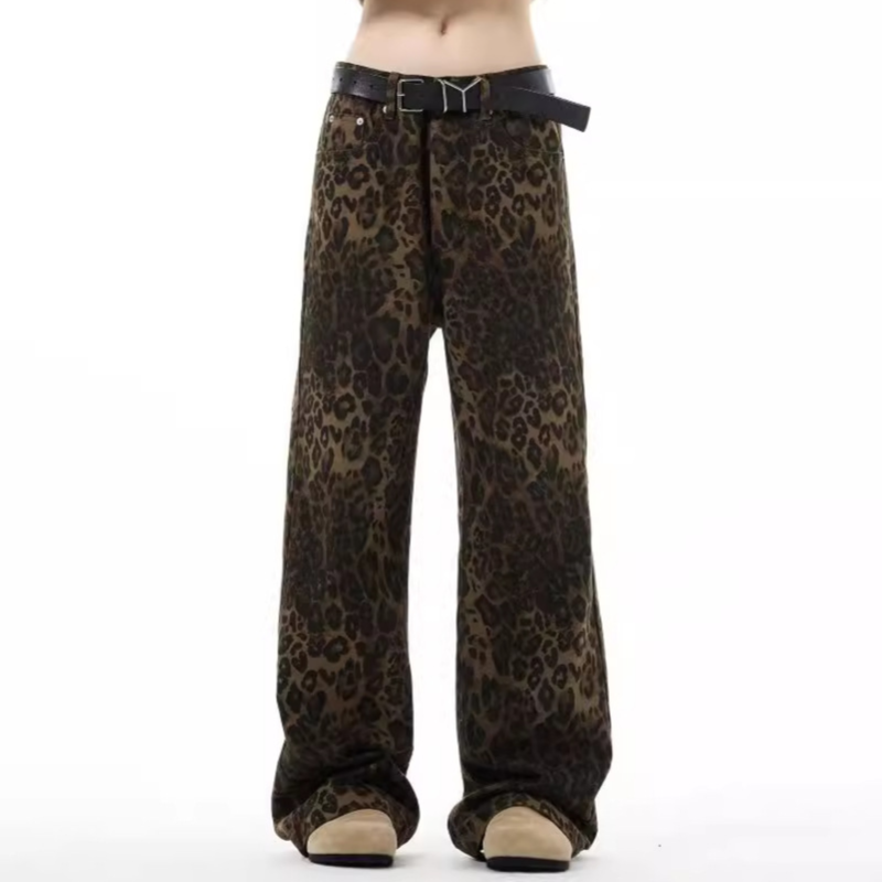 Leopard Print Wide-Leg Jeans Women - High Waist with Button Closure