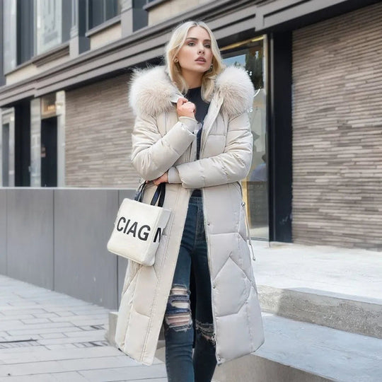 Long Puffer Parka with Faux Fur for Women