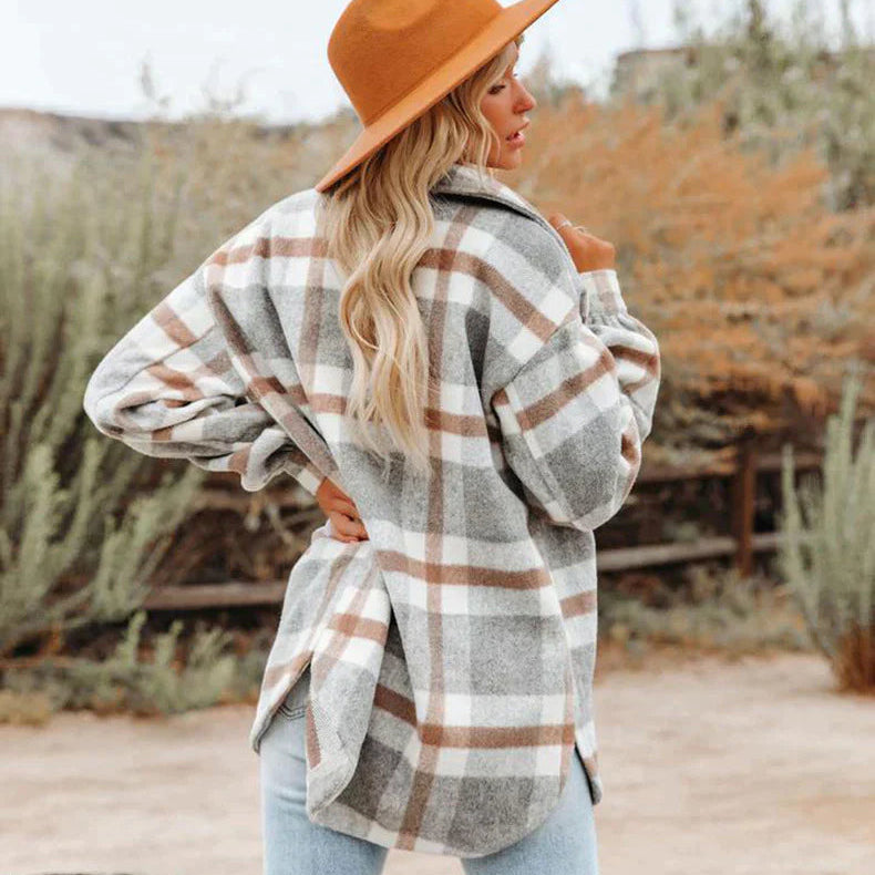 Long Sleeve Checked Coat for Women