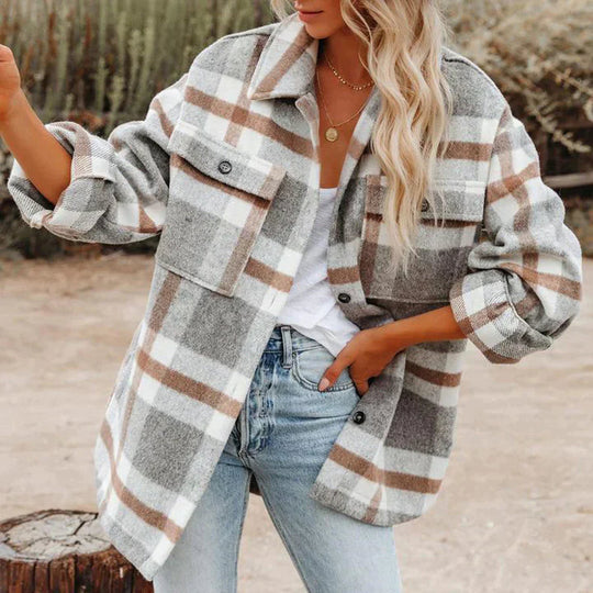 Long Sleeve Checked Coat for Women