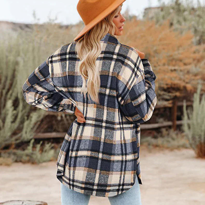 Long Sleeve Checked Coat for Women