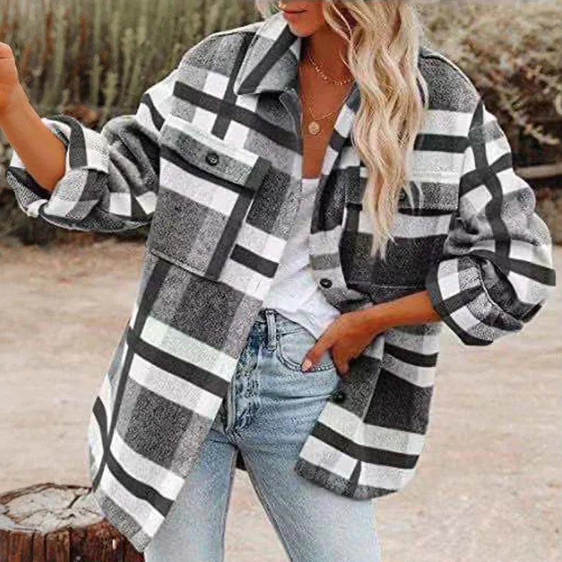 Long Sleeve Checked Coat for Women