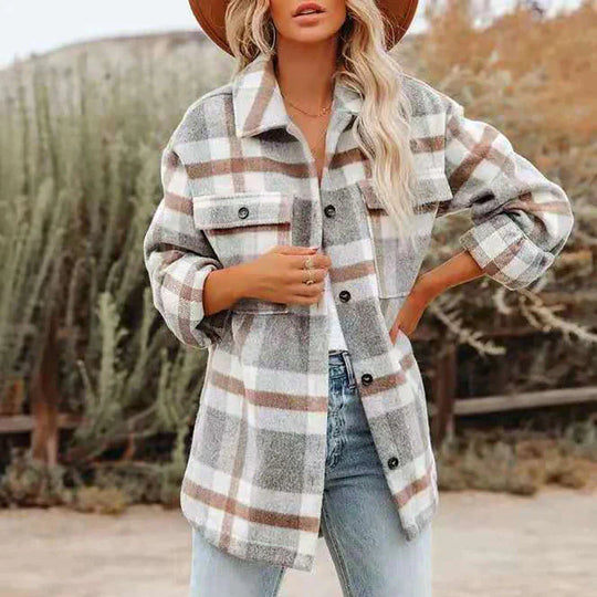 Long Sleeve Checked Coat for Women