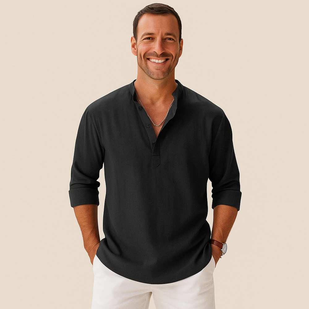 Textured Henley Shirt Men – Collarless Neckline & Roll-Tab Sleeves