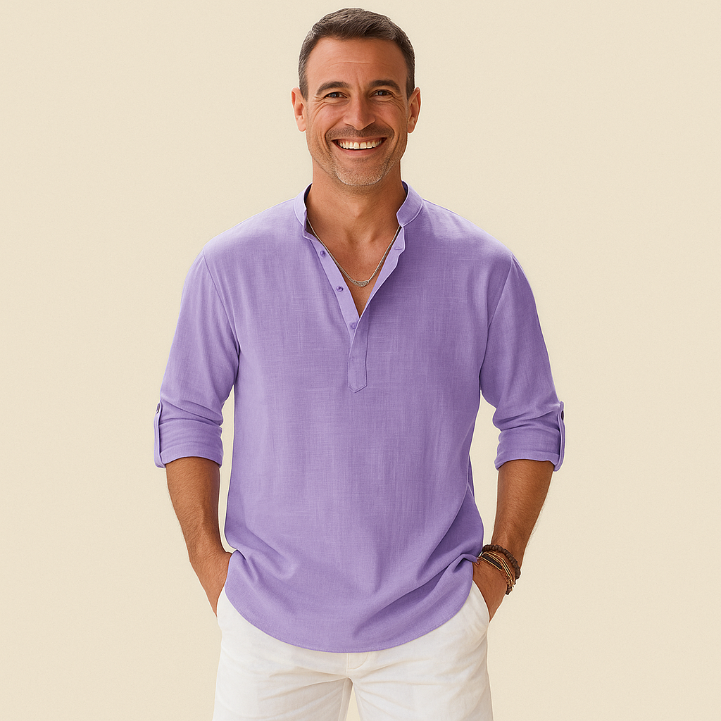 Textured Henley Shirt Men – Collarless Neckline & Roll-Tab Sleeves