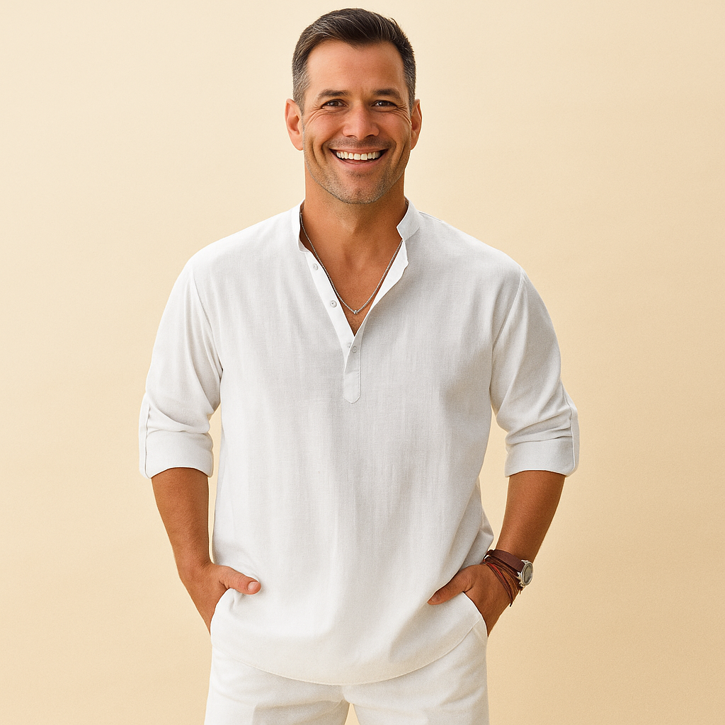 Textured Henley Shirt Men – Collarless Neckline & Roll-Tab Sleeves