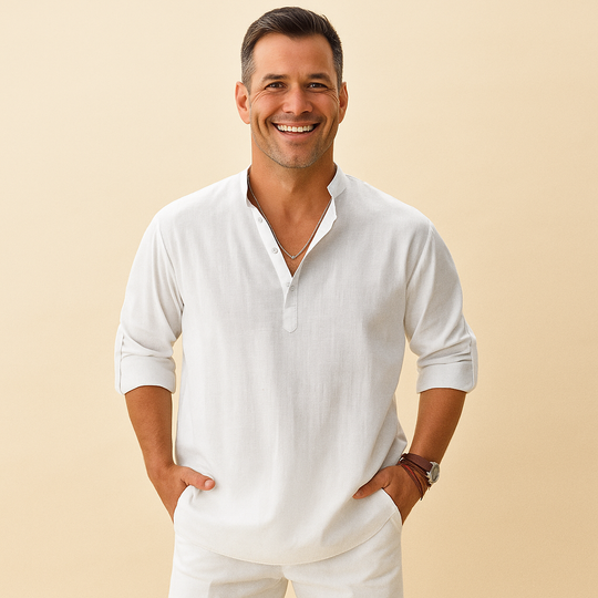 Textured Henley Shirt Men – Collarless Neckline & Roll-Tab Sleeves