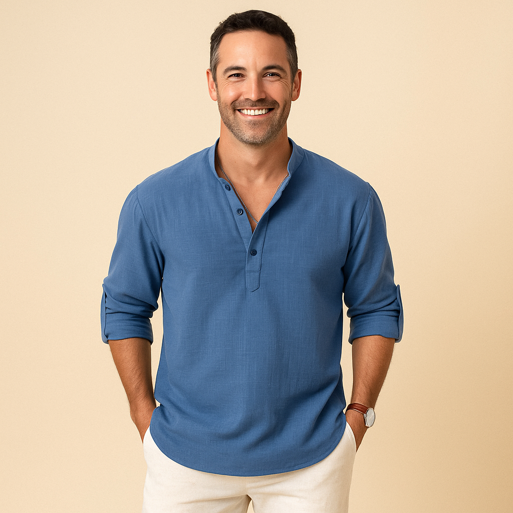 Textured Henley Shirt Men – Collarless Neckline & Roll-Tab Sleeves