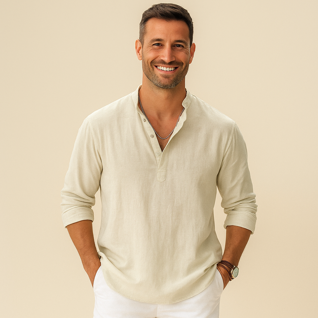 Textured Henley Shirt Men – Collarless Neckline & Roll-Tab Sleeves