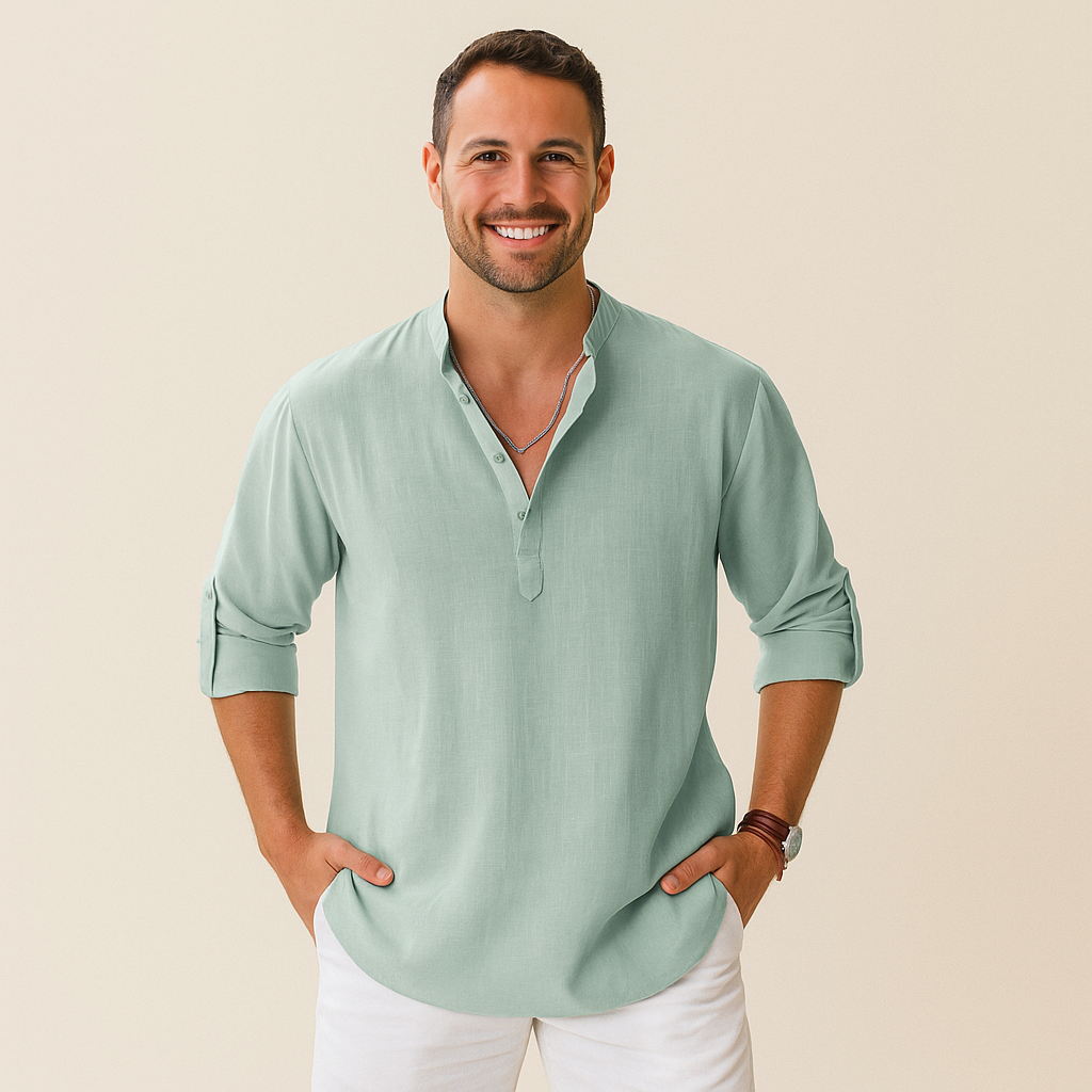 Textured Henley Shirt Men – Collarless Neckline & Roll-Tab Sleeves